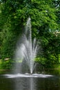 Tall fountain in the middle of a pond in a green park, as a nature background Royalty Free Stock Photo