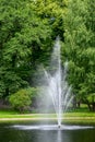 Tall fountain in the middle of a pond in a green park, as a nature background Royalty Free Stock Photo