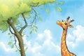 a tall giraffe reaching for the highest leaf on a tree