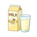 Tall glass of banana milk and milk carton box clipart. Cute simple flat vector illustration design Royalty Free Stock Photo