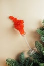 The tall glass is filled with red caviar. The caviar fell out of the glass. A composition of fir branches and red caviar