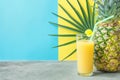 Tall Glass with Freshly Pressed Pineapple Orange Coconut Juice Straw and Small Flower. Round Palm Leaf on Blue Yellow Background Royalty Free Stock Photo