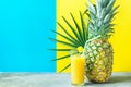 Tall Glass with Freshly Pressed Pineapple Orange Coconut Juice Straw Flower. Round Palm Leaf on Duotone Blue Yellow Background Royalty Free Stock Photo