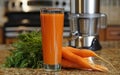 A tall glass of freshly squeezed carrot juice is showcased alongside a vibrant assortment of leafy green vegetables