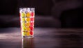 Tall glass with green, orange and red dots filled with ice cubes and lemonade isolated on dark background Royalty Free Stock Photo