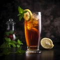 A tall glass of iced tea with a slice of lemon and mint l three generative AI