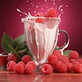 Tall glass with raspberry yoghurt and fresh raspberries. Generated by artificial intelligence