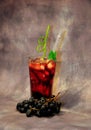 A tall glass of red juice with ice and a bunch of dark grapes on a gray background