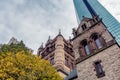 Tall glass skyscraper and historical building in Boston city center Royalty Free Stock Photo