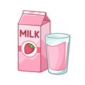 Tall glass of strawberry milk and milk carton box clipart Royalty Free Stock Photo