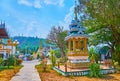 Golden Chedi of Wat Chong Klang behind the shrine of Wat Chong Kham Temple, Mae Hong Son, Thailand Royalty Free Stock Photo