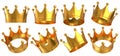 Tall golden crowns for queen or king. Crowns in different positions. 3D rendered image set. Royalty Free Stock Photo