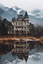 A tall gothic house at the lake shore with reflections in water