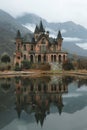 A tall gothic house at the lake shore with reflections in water