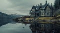 A tall gothic house at the lake shore with reflections in water