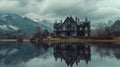 A tall gothic house at the lake shore with reflections in water