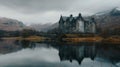 A tall gothic house at the lake shore with reflections in water