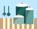 Tall green stockpots with white lids sit on a striped table. Kitchen appliances in a flat style. Simple kitchenware Royalty Free Stock Photo