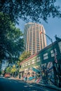 Tall highrise buildings in uptown charlotte near blumenthal performing art center theater Royalty Free Stock Photo