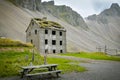 Tall house built from concrete in viking village near Hofn