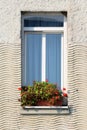 Tall house windows with wooden frame mounted on unusual house facade with flowers in plastic flower pot