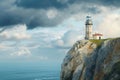 A tall lighthouse stands proudly atop a steep cliff, offering a commanding view of the vast ocean below, An old lighthouse