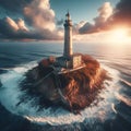 A tall lighthouse stands on a rocky island in the sea