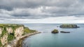 Tall limestone cliffs and Sheep Island near Carrick a Rede rope bridge, Northern Ireland