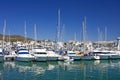 Tall luxury boats and yachts moored in Duquesa port in Spain on