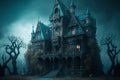 Tall and majestic creepy mansion in misty darkness