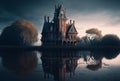 Tall and majestic creepy mansion, reflected in the nearby lake