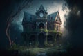 Tall and majestic creepy mansion in misty darkness