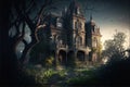 Tall and majestic creepy mansion in misty darkness