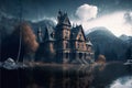 Tall and majestic creepy mansion, reflected in the nearby lake Royalty Free Stock Photo