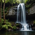 A tall, majestic waterfall in a forest, captured in vertical composition. Royalty Free Stock Photo