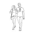 Tall man with cup of soda and woman walking with him by the hand. Monochrome vector illustration of couple of young Royalty Free Stock Photo
