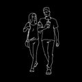 Tall man with cup of soda and woman walking with him by the hand. Monochrome vector illustration of couple of young