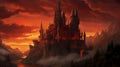 tall medieval gothic castle with large spires. red fiery sky behind