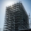 Tall metal scaffolding structure under construction against a clear blue sky. The Royalty Free Stock Photo