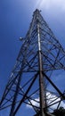 Tall metal tower with bouncing signal antennas