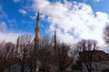 Tall minarets against colorful vibrant sky. Winter landscape view of Sultan Ahmed Mosque. Trees without leaves in the foreground. Royalty Free Stock Photo