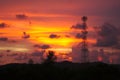 Tall mobile cell phone tower on the high hill sending signal to connect people around the world in the evening when sunset