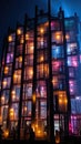 tall modern building glowing windows, urbancore, art event exhbition Royalty Free Stock Photo