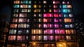 tall modern building glowing windows, urbancore, art event exhbition Royalty Free Stock Photo