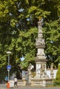 A tall monument at the entrance to the crucifixion in the ossuary in Sedlec Kostnice