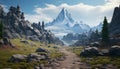 mountains landscape with a winding path leading to a captivating castle. AI Generated