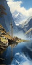 Germanic Art Inspired Boat In Fjord Painting