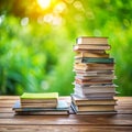 Tall Stack of Books Beside a Smaller Stack on a Wooden Table with Bright Sunlight and Green Blurred Background Royalty Free Stock Photo