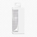 Tall narrow white paper box with tuck-in flap, side clear plastic window, hole hang tab mock-up. Hanging paperboard container