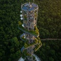 A tall, open-framework tower with multiple levels is integrated into a lush, forested Royalty Free Stock Photo